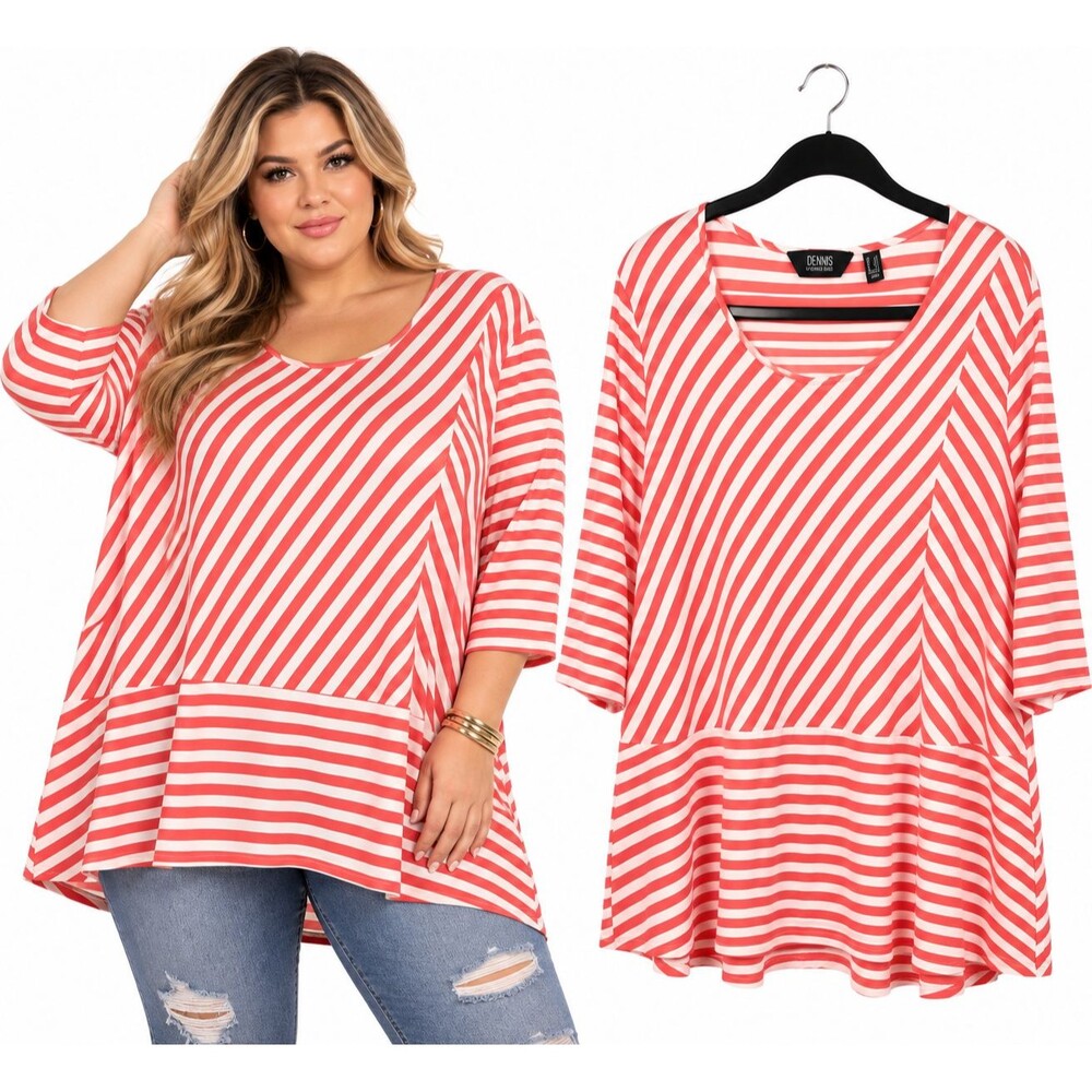 Dennis Basso Tunic Top Size 2X Coral White Striped 3/4 Sleeve High Low Flowy